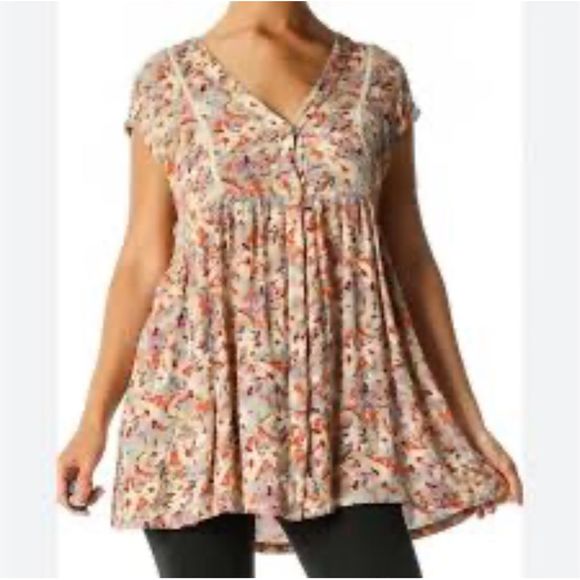 🔥5 for$25🔥 Vanessa Virginia tan floral tunic blouse with pockets size small - Picture 1 of 12